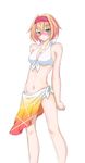  alice_margatroid bikini blonde_hair blue_eyes blush breasts cleavage front-tie_top groin hairband kaimuchann medium_breasts multicolored multicolored_sarong navel nose_blush sarong shiny shiny_skin short_hair solo swimsuit touhou white_background white_bikini 