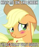  applejack_(mlp) blonde_hair blush cowboy_hat cutie_mark english_text equine female feral freckles friendship_is_magic green_eyes hair hat horse image_macro mammal my_little_pony outside pony solo text unknown_artist 