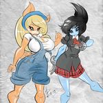  anthro big_breasts black_hair blonde_hair blue_eyes blue_skin blush breasts coco_bandicoot crash_bandicoot_(series) dullvivid female green_eyes hair huge_breasts human mammal nina_cortex unknown_species video_games 