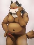  balls biceps big_penis blue_eyes blush brown_fur canine chubby clothing erection eyes_closed fox fur humanoid_penis it_came_to_(artist) looking_away male mammal navel nipples nude overweight pecs penis pose pubes secretly_loves_it shorts solo standing sweat towel uncut undressing unknown_artist 