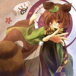  alcohol animal_ears bad_id bad_pixiv_id brown_eyes brown_hair futatsuiwa_mamizou glasses japanese_clothes leaf leaf_on_head natsuki_teru outstretched_hand raccoon_ears raccoon_tail sake scarf solo tail touhou wide_sleeves 