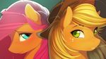  applejack_(mlp) blonde_hair blush cowboy_hat duo equine female feral fluttershy_(mlp) freckles friendship_is_magic green_eyes hair hat horse looking_at_viewer mammal my_little_pony pink_hair plain_background pony smile wheat 