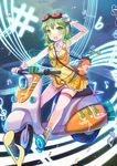  :d adjusting_goggles arm_up bag cross-laced_footwear gloves goggles goggles_on_head green_eyes green_hair ground_vehicle gumi jin_young-in looking_at_viewer md5_mismatch motor_vehicle musical_note open_mouth scooter short_hair sitting sleeveless smile solo thigh_strap vocaloid 