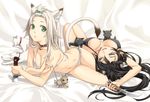  :&lt; animal_ears arm_up bad_id bad_pixiv_id bare_shoulders bell bell_collar bikini black_bikini black_hair blue_eyes breasts cat cat_ears cat_tail cheese cleavage collar fang food green_eyes grey_hair hair_ornament hairclip kimura_(ykimu) knife large_breasts long_hair lying mouse multiple_girls navel on_back original parted_lips side-tie_bikini string_bikini swimsuit tail thigh_gap white_bikini 