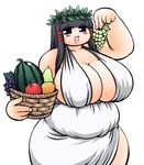  1girl bare_shoulders black_eyes black_hair breasts eating esenoji fat female food fruit hair_ornament hime_cut huge_breasts long_hair obese open_mouth os-tan simple_background solo standing white_background xp-tan 
