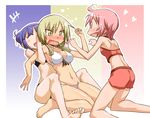  3girls :d ^_^ ahoge barefoot bikini blonde_hair blush breasts closed_eyes female_pervert full_nelson hinata_yukari ichii_yui large_breasts long_hair low_twintails multiple_girls navel nino_(ninouchi_irazu) nonohara_yuzuko open_mouth pervert pink_hair purple_hair shiny shiny_skin short_hair smile strap_gap sweat swimsuit twintails white_bikini yellow_eyes yuri yuyushiki 