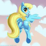  amber_eyes anus blonde_hair blue_fur blush cloud clouds cutie_mark english_text equine female feral flying friendship_is_magic fur hair horse ipan looking_at_viewer looking_back mammal mew_(artist) my_little_pony nude open_mouth orange_eyes pegasus pony pussy sassaflash_(mlp) sky solo text wings 