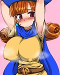  alena_(dq4) armpits arms_up belt blush breasts cape dragon_quest dragon_quest_iv hat huge_breasts kitsune-tsuki_(getter) long_hair no_bra orange_hair simple_background smell solo sweat 