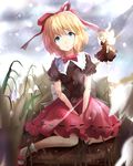  bad_id bad_pixiv_id blonde_hair blue_eyes bow doll doll_joints dress flower hair_ribbon highres hizagawa_rau lily_of_the_valley looking_at_viewer medicine_melancholy ribbon short_hair sitting solo su-san touhou 