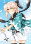  1girl ahoge bangs black_bow black_legwear black_scarf bow closed_mouth commentary_request cowboy_shot eyebrows_visible_through_hair fate/grand_order fate_(series) hair_bow half_updo hand_on_sword haori japanese_clothes katana kimono long_sleeves looking_at_viewer obi okita_souji_(fate) okita_souji_(fate)_(all) petals print_kimono san-pon sash scarf shinsengumi short_hair short_kimono silver_hair sleeveless sleeveless_kimono smile solo standing sword thighhighs twitter_username weapon white_kimono wide_sleeves wind yellow_eyes 