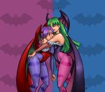  2girls :t artist_name ass ass_grab bare_shoulders bat_print bat_wings breasts bridal_gauntlets capcom demon_girl drawfag female flat_chest green_eyes green_hair head_wings highres large_breasts leotard lilith_aensland long_hair mario_grant morrigan_aensland multiple_girls pantyhose patterned_legwear print_legwear print_pantyhose purple_hair red_eyes short_hair siblings signature sisters succubus vampire_(game) wings 