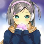  ameyoshi blush earmuffs green_eyes grey_hair hentai_ouji_to_warawanai_neko. highres long_sleeves open_mouth scarf short_hair side_ponytail solo tsutsukakushi_tsukiko 