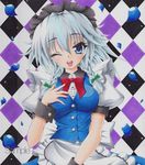  apron blue_eyes blue_flower blue_rose blush braid breasts checkered checkered_background flower hand_on_own_chest izayoi_sakuya maid maid_headdress medium_breasts multicolored multicolored_background munmu one_eye_closed open_mouth petals puffy_short_sleeves puffy_sleeves rose sample short_hair short_sleeves silver_hair skirt solo touhou twin_braids vest 