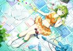  breasts cleavage crop_top electric_guitar goggles green_eyes green_hair guitar gumi headphones instrument legs lying marble medium_breasts midriff miniskirt navel sakia sheet_music skirt speaker tile_floor tiles vocaloid 