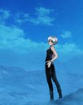 bad_id bad_pixiv_id bare_shoulders black_eyes blue bracelet cloud fashion from_behind hand_on_hip highres jewelry landscape light_smile looking_back original otakeyan pants short_hair silver_hair sky solo standing star_(sky) starry_sky tank_top 