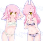  2girls :d animal_ears bangs bare_arms bare_shoulders blue_outline blush bow bow_bra bow_panties bra bunny_ears closed_mouth commentary_request cowboy_shot eyebrows_visible_through_hair floppy_ears glasses gluteal_fold green_bra green_panties grey_bra grey_panties hair_between_eyes hair_over_one_eye highres kanijiru lingerie long_hair multiple_girls navel open_mouth original panties pink_hair plaid plaid_bra plaid_panties red-framed_eyewear semi-rimless_eyewear smile twitter_username under-rim_eyewear underwear underwear_only very_long_hair white_background yellow_eyes 