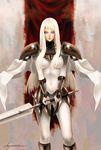  amy_winterbreeze armor blonde_hair blue_eyes breasts cape claymore claymore_(sword) faulds galatea_(claymore) lips long_hair medium_breasts pauldrons silver_eyes solo sword vambraces weapon 