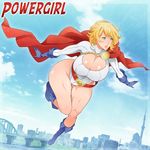  1girl absurdres belt blonde_hair blue_eyes blue_gloves blue_shoes breasts bridge cape character_name city cleavage cleavage_cutout crimeglass dc_comics female flying full_body gloves highres huge_breasts leotard power_girl red_belt shoes short_hair solo x-teal2 