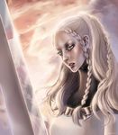  amy_winterbreeze armor blonde_hair blue_eyes braid cape claymore claymore_(sword) eyelashes eyeshadow face huge_weapon hysteria_(claymore) lips lipstick long_hair makeup nose reflection silver_eyes solo weapon 