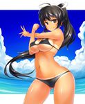  ahoge beach bikini black_bikini black_eyes black_hair breasts cloud cowboy_shot day frown homura_(senran_kagura) large_breasts light_smile long_hair looking_at_viewer ocean outdoors ponytail senran_kagura senran_kagura_shoujo-tachi_no_shin'ei shiny shiny_skin skindentation solo stretch swimsuit tan tanline tohogaeru very_long_hair 