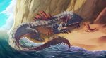  2015 ambiguous_gender beach blue_scales capcom claws day detailed_background digital_media_(artwork) feral group horn jaggi lagiacrus lying monster_hunter partially_submerged ravoilie red_eyes sand scales seaside sky video_games water 