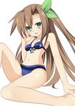  :d absurdres bikini blush brown_hair front-tie_top green_eyes hair_ribbon highres if_(choujigen_game_neptune) long_hair meimu_(infinity) neptune_(series) one_side_up open_mouth ribbon sitting smile solo swimsuit 