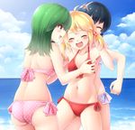  :d ^_^ ahoge ass back bad_id bad_pixiv_id bikini blonde_hair blush_stickers breast_grab breasts brown_eyes closed_eyes cloud day fang grabbing green_hair hair_bobbles hair_ornament hairband highres komimiyako laughing long_hair multiple_girls navel ocean open_mouth outdoors pink_bikini polka_dot polka_dot_bikini polka_dot_swimsuit power_pro_kun_pocket power_pro_kun_pocket_10 red_bikini restrained sakurai_itsuki side-tie_bikini sky smile swimsuit takashi_nanao tickling twintails water yoshizuki_sara 