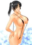  areola_slip areolae bad_id bad_pixiv_id black_hair blush breasts brown_eyes hands_on_hips highres large_breasts muryuuin_tayun navel nipples original side_ponytail slingshot_swimsuit solo swimsuit 