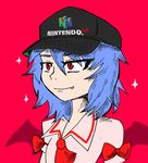  alternate_headwear baseball_cap blue_hair fang game_console hat headwear_writing logo nintendo_64 red_background red_eyes remilia_scarlet setz simple_background slit_pupils solo sparkle touhou wings 