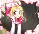  bad_id bad_pixiv_id blonde_hair bow capelet cherry_blossoms dress ginji74 hanging hat hat_bow lily_white long_hair looking_at_viewer pink_eyes solo touhou tree white_dress 