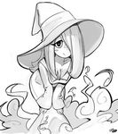  bent_over breasts cleavage downblouse greyscale hair_over_one_eye hands_on_own_knees hat large_breasts little_witch_academia long_hair monochrome sho-n-d smile solo sucy_manbavaran witch witch_hat 