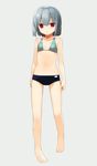  bare_legs bare_shoulders barefoot bikini_top buruma copyright_request flat_chest full_body navel parted_lips red_eyes short_hair silver_hair simple_background solo yaya_hinata 