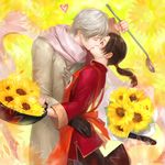  apron axis_powers_hetalia blonde_hair brown_hair china_(hetalia) chinese_clothes closed_eyes coat flower gloves highres kiss ladle long_hair lotus_(elico) male_focus multiple_boys ponytail russia_(hetalia) scarf sunflower yaoi 