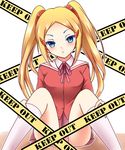  absurdres aoyama_mio blonde_hair blue_eyes blush breasts caution_tape hair_ornament hair_ribbon hairclip head_tilt highres kamekichi_(kamekiti) kami_nomi_zo_shiru_sekai keep_out kneehighs knees_together_feet_apart long_hair ribbon sitting small_breasts solo twintails 