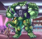  4_toes abs barefoot belt biceps brown_fur bulge chair claws clothing club dance_floor female fist fur garter green_body growth hand_on_hip huge_muscles jaeh looking_at_viewer male muscles naughty_face pants pose reptile room scalie shirt snake spotlight spots standing tight_clothing weapon 