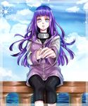  aoi-mitsubachi hyuuga_hinata jacket konohagakure_symbol long_hair naruto naruto_(series) pants purple_hair solo sparkle white_eyes 