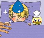  1boy bed blonde_hair chef chef_hat child east_blue fever hair_over_one_eye hands hat ice ice_pack lowres male male_focus one_piece pillow sanji solo stuffed_toy young younger zeff 