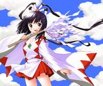  black_hair cloud japanese_clothes miko miwo original skirt sky solo tsuzuki_kazuhiko wind 