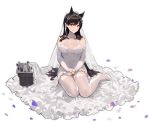  1girl animal_ears atago_(azur_lane) azur_lane bare_shoulders black_hair blush breasts cleavage closed_mouth collarbone dress eyebrows_visible_through_hair fox_ears full_body garter_straps high_heels jewelry kishiyo large_breasts long_hair looking_at_viewer official_art petals ring seiza sitting smile solo thighhighs transparent_background very_long_hair wedding_dress wedding_ring white_dress white_footwear white_legwear 