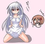  apron asuka_tsubasa blush blush_stickers chibi hair_ornament highres long_hair long_sleeves lyrical_nanoha mahou_shoujo_lyrical_nanoha mahou_shoujo_lyrical_nanoha_a's mahou_shoujo_lyrical_nanoha_the_movie_2nd_a's multiple_girls naked_apron o_o open_mouth red_eyes reinforce silver_hair simple_background single_hair_intake sweater translated yagami_hayate 