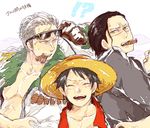  !? 3boys animal_eyes black_hair cigar fur_trim gloves hat jewelry male male_focus marine monkey_d_luffy multiple_boys nude_jacket one_piece open_clothes open_shirt pirate pixiv_manga_sample ring roga scar shichibukai shirt sir_crocodile slit_pupils smile smoker smoking straw_hat sunglasses trio white_hair yellow_eyes 