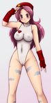  areolae asamiya_athena ass_visible_through_thighs beret bodypaint breasts cammy_white cammy_white_(cosplay) cosplay covered_nipples fingerless_gloves gloves groin hairband hat large_breasts leotard long_hair nipples purple_eyes purple_hair salute solo street_fighter the_king_of_fighters tsumitani_daisuke white_leotard wide_hips 