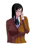  78_(tky8) adjusting_eyewear bad_anatomy black_hair breasts brown_eyes dead_or_alive glasses huge_breasts kokoro_(doa) long_hair school_uniform semi-rimless_eyewear solo under-rim_eyewear 