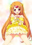  bare_shoulders blush bow choker circlet cure_muse_(yellow) dress dress_lift heart long_hair magical_girl neck_ribbon orange_hair panties pink_eyes precure ribbon shirabe_ako shiwo smile solo suite_precure underwear white_background yellow_bow yellow_choker 