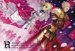  1girl armor blonde_hair cape fate/extra fate/extra_ccc fate_(series) gilgamesh green_eyes hair_intakes highres nero_claudius_(bride)_(fate) nero_claudius_(fate)_(all) red_eyes scan wada_aruko zipper 