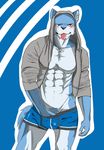  abstract_background anthro biceps black_nose blue_fur blue_hair blush boxers bulge canine chest_tuft clothing dog fur grope hair hand_in_underwear hoodie hunk husky jacket kenn looking_at_viewer male mammal muscles open_shirt pecs pose pubes red_eyes shirt solo standing toned tongue tongue_out tuft underwear white_fur 