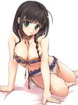  ahoge bangs bare_shoulders barefoot black_hair blue_eyes breasts cleavage detached_collar drill_hair dungeon_travelers_2 eyebrows_visible_through_hair front-tie_top highres large_breasts long_hair looking_at_viewer melvy_de_florencia navel open_mouth pelvic_curtain sitting solo tori@gununu 