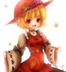  :d aki_minoriko amanojaku bad_id bad_pixiv_id blonde_hair choker hat highres leaf open_mouth red_eyes short_hair simple_background smile solo torii touhou upper_body white_background wide_sleeves 