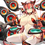  album_cover animal_ears black_gloves breasts cable cat_ears cover elbow_gloves gloves green_eyes headgear highres large_breasts long_hair navel original parted_lips pasties power_symbol record red_hair ringed_eyes shiki_(psychedelic_g2) sitting solo speaker thighhighs wariza white_legwear 