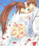  2girls blonde_hair bouquet brown_hair closed_eyes dress flower formal green_eyes kamikita_komari kiss little_busters! long_hair multiple_girls natsume_kyousuke natsume_rin ponytail satou_aoi short_hair suit wedding_dress 